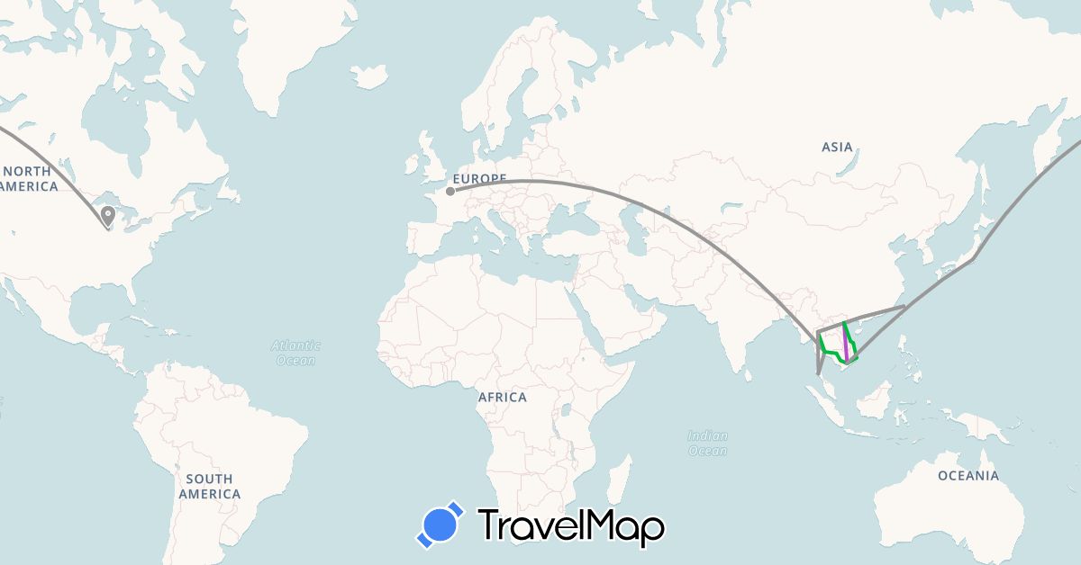TravelMap itinerary: driving, bus, plane, train in France, Japan, Cambodia, Thailand, Taiwan, United States, Vietnam (Asia, Europe, North America)